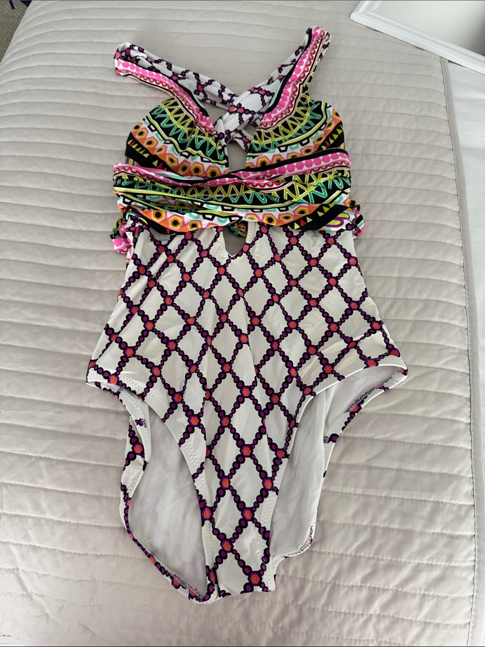 Trina Turk White One-Piece Swimsuit with Multicolor Pattern